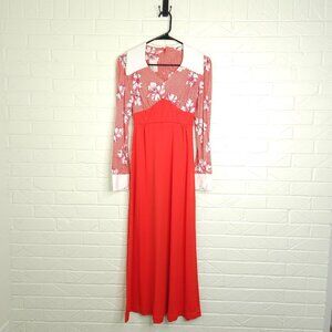 Vintage 1970's Groovy Red Floral Polka Dot Long Sleeve Maxi Dress 9